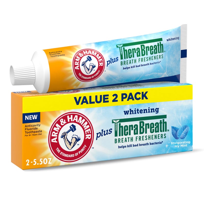 ARM & HAMMER Toothpaste Plus TheraBreath Breath Fresheners, ICY Mint Flavor, Teeth Whitening Toothpaste, Anticavity Fluoride for Bad Breath, 5.5 Oz (Pack of 2) - Image 1