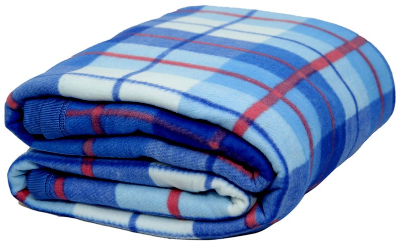 Goyal's Modern Check All Season Polar Fleece Double Bed Blanket, 90x90 Inches - Blue - Image 1