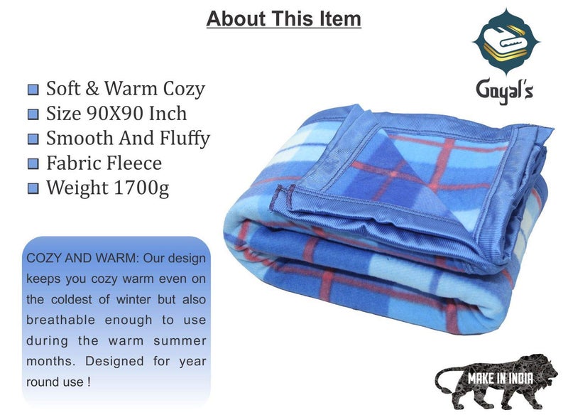 Goyal's Modern Check All Season Polar Fleece Double Bed Blanket, 90x90 Inches - Blue - Image 3