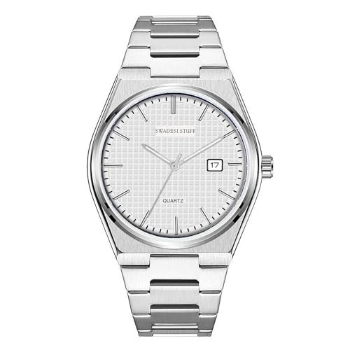 SWADESI STUFF Mens Silver Dial Stainless Steel Date Display Analogue Wrist Watch (White), Band Color-Silver - Image 1