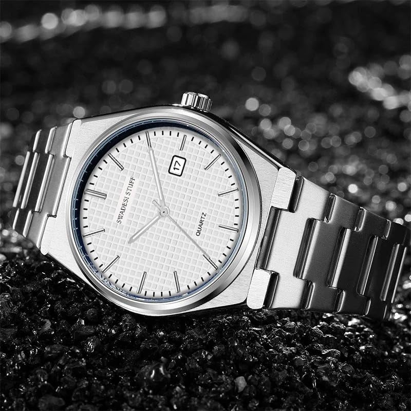 SWADESI STUFF Mens Silver Dial Stainless Steel Date Display Analogue Wrist Watch (White), Band Color-Silver - Image 3