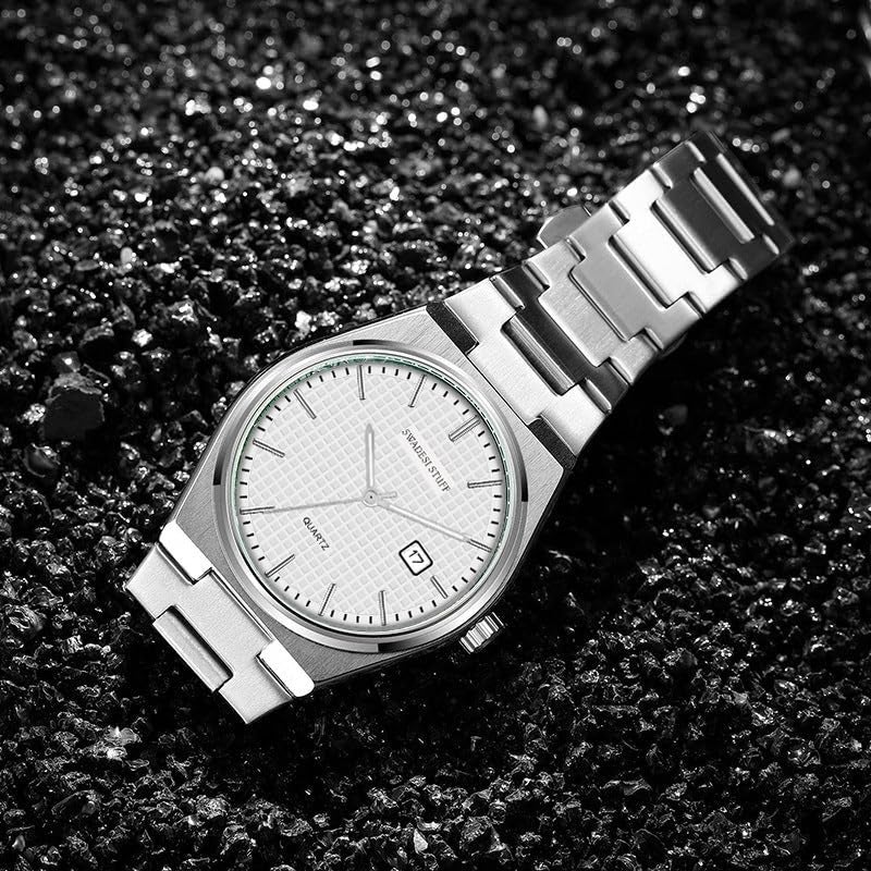 SWADESI STUFF Mens Silver Dial Stainless Steel Date Display Analogue Wrist Watch (White), Band Color-Silver - Image 5