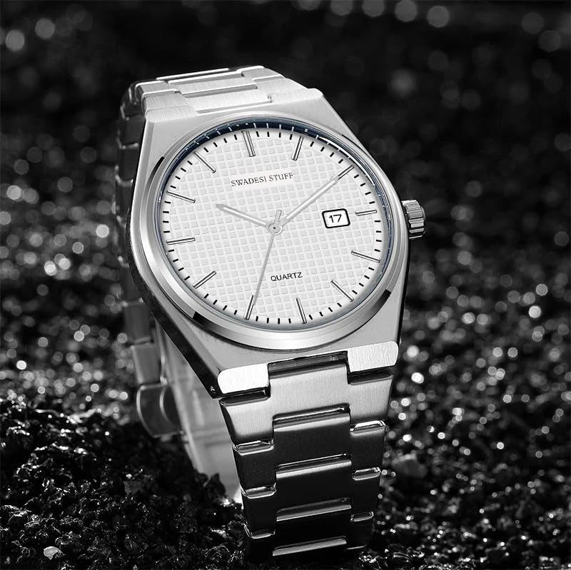 SWADESI STUFF Mens Silver Dial Stainless Steel Date Display Analogue Wrist Watch (White), Band Color-Silver - Image 4