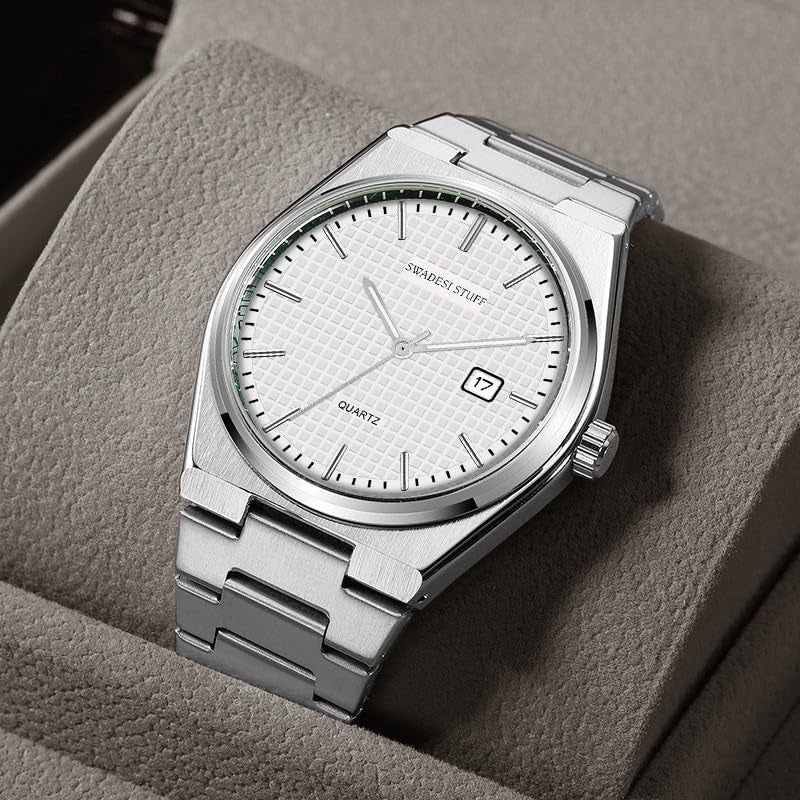 SWADESI STUFF Mens Silver Dial Stainless Steel Date Display Analogue Wrist Watch (White), Band Color-Silver - Image 2
