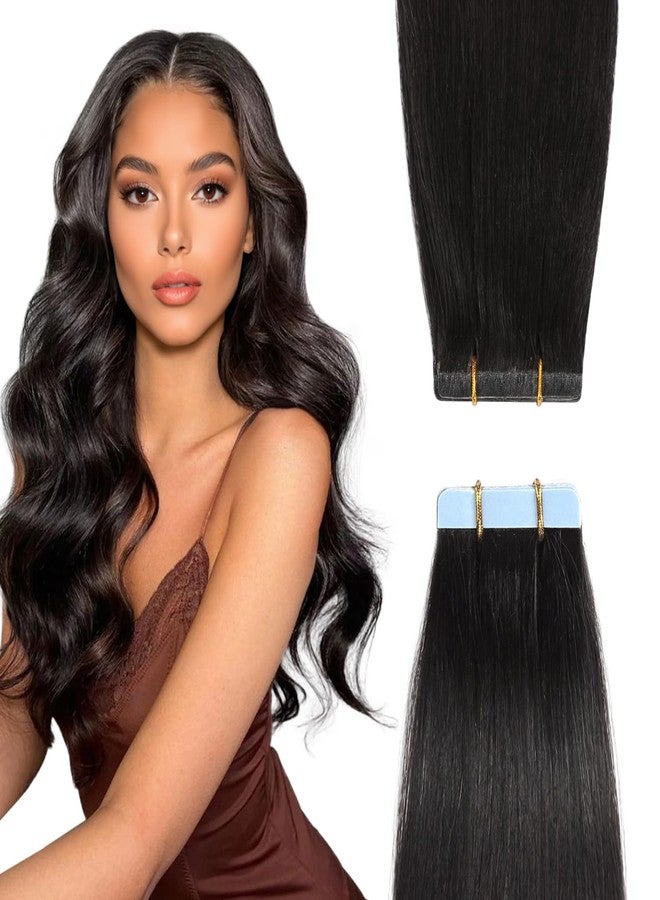 YILITE Invisible Tape-In Real Hair Extensions, Natural Black, 55 cm, 20 Pieces, 50 g, Straight, Remy Real Human Hair, Tape-In Silky Hair Extensions (55 cm #1B Natural Black) - Image 1