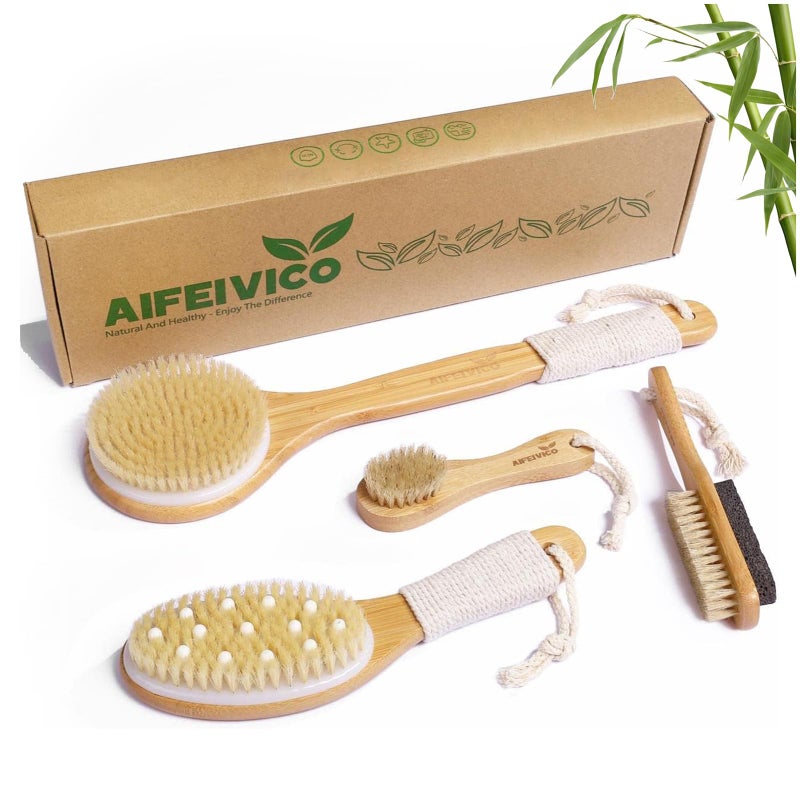 AIFEIVICO Dry Brushing Body Brush, Natural Boar Bristle Dry Brush, Bamboo Exfoliating Body, Face, Foot, Long Handle Back Scrubber Brush, Meridian Pressure for Lymphatic, Cellulite - Image 1