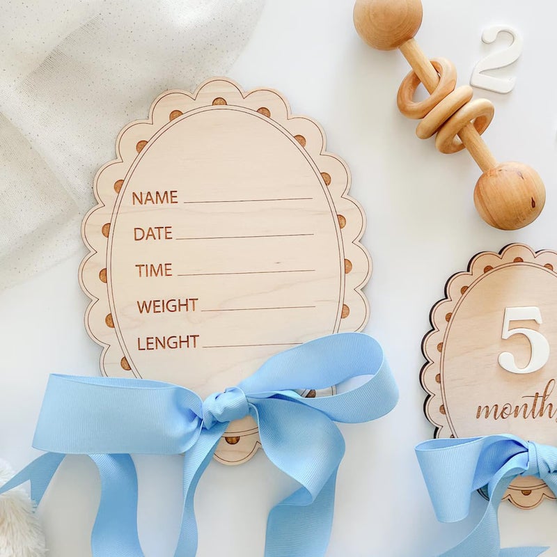 Haoser Scallop Baby Birth Stats Sign and Milestone Cards, Photo Prop | Baby Birth Reveal Sign |Baby Photo Props|Cards Interchangeable Number 13 pc for Baby Growth Recording (Blue Ribbon) - Image 3