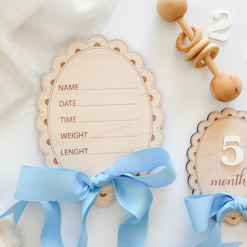 Haoser Scallop Baby Birth Stats Sign and Milestone Cards, Photo Prop | Baby Birth Reveal Sign |Baby Photo Props|Cards Interchangeable Number 13 pc for Baby Growth Recording (Blue Ribbon) - Image 1