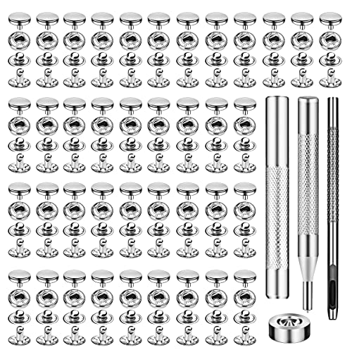 TLKKUE 50 Sets Leather Snap Fasteners Kit 10mm Silver Metal Snap Buttons kit Stainless Steel with 4pcs Snap Fastener Installation Tools for Sewing Clothing, Bracelets, Jackets, Bags Belt, DIY Crafts - Image 1