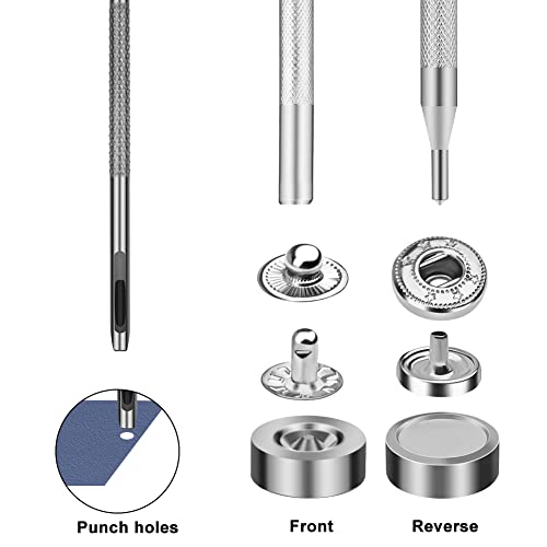 TLKKUE 50 Sets Leather Snap Fasteners Kit 10mm Silver Metal Snap Buttons kit Stainless Steel with 4pcs Snap Fastener Installation Tools for Sewing Clothing, Bracelets, Jackets, Bags Belt, DIY Crafts - Image 3