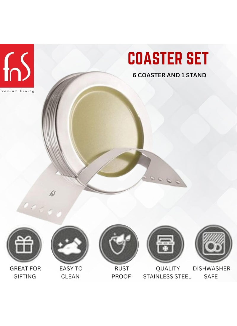 FNS FnS Rainbow Stainless Steel Round Colored Coasters for Dining Table, Hot Pots, Cups - Durable and Long-Lasting (Assorted, 6 Coaster and 1 Stand)  - Image 2