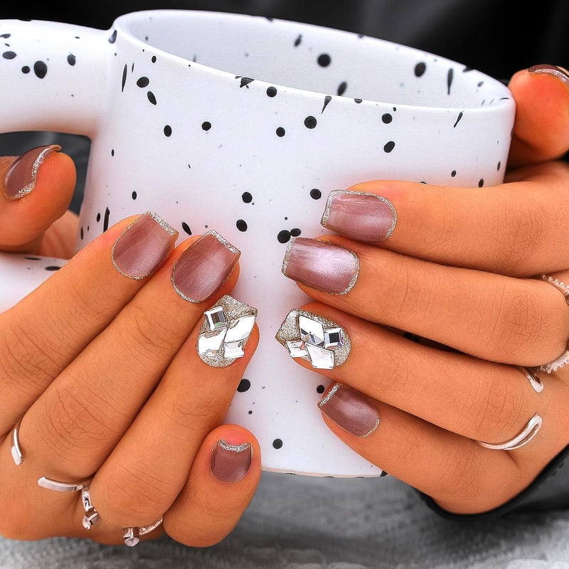 Sethexy Cay Eye Pink Handmade Press On Nails Short Coffin Glossy Fake Nails with Design Acrylic Salon False Nails for Women and Girls 10PCS (Pink5) - Image 1
