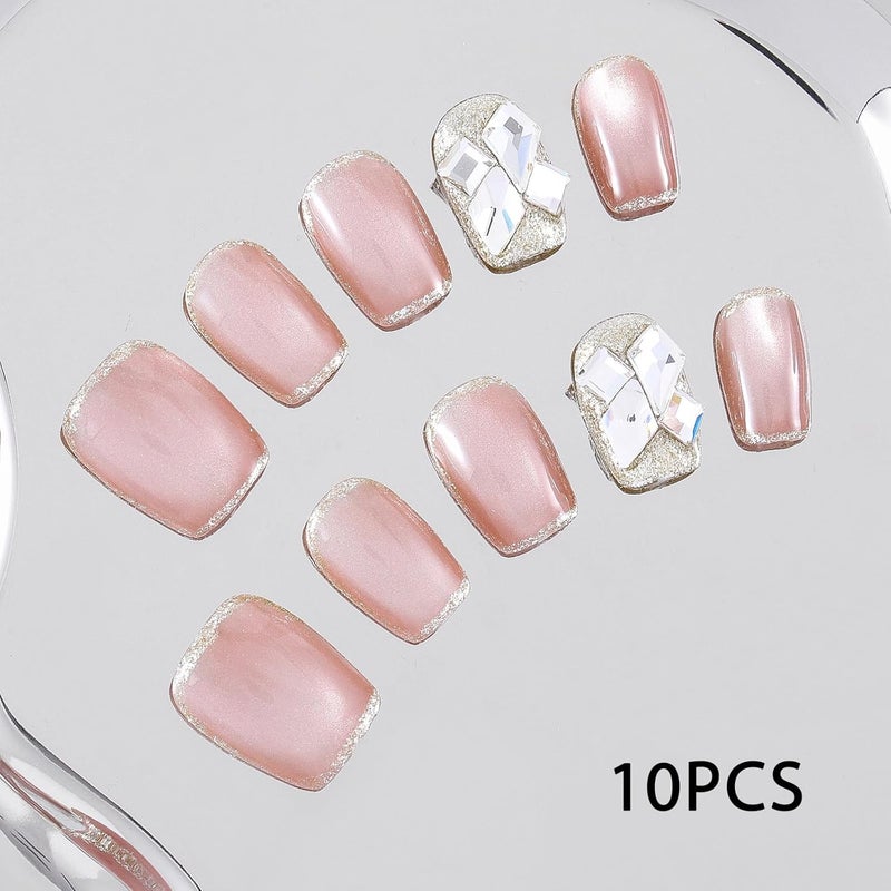 Sethexy Cay Eye Pink Handmade Press On Nails Short Coffin Glossy Fake Nails with Design Acrylic Salon False Nails for Women and Girls 10PCS (Pink5) - Image 5