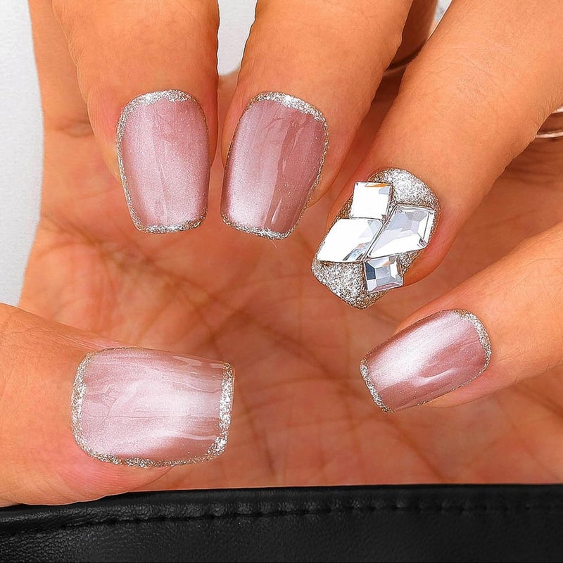 Sethexy Cay Eye Pink Handmade Press On Nails Short Coffin Glossy Fake Nails with Design Acrylic Salon False Nails for Women and Girls 10PCS (Pink5) - Image 3