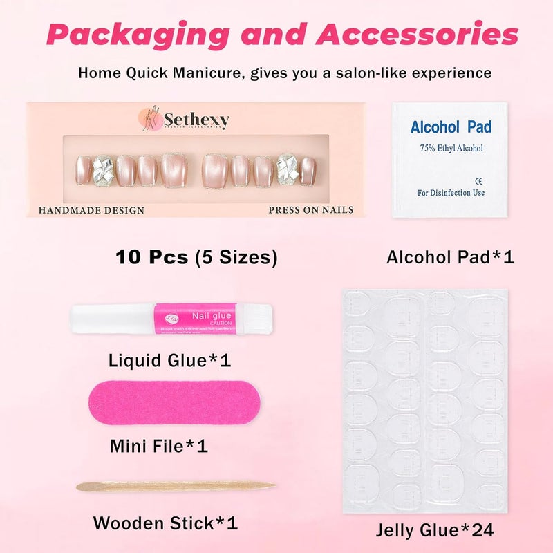 Sethexy Cay Eye Pink Handmade Press On Nails Short Coffin Glossy Fake Nails with Design Acrylic Salon False Nails for Women and Girls 10PCS (Pink5) - Image 4