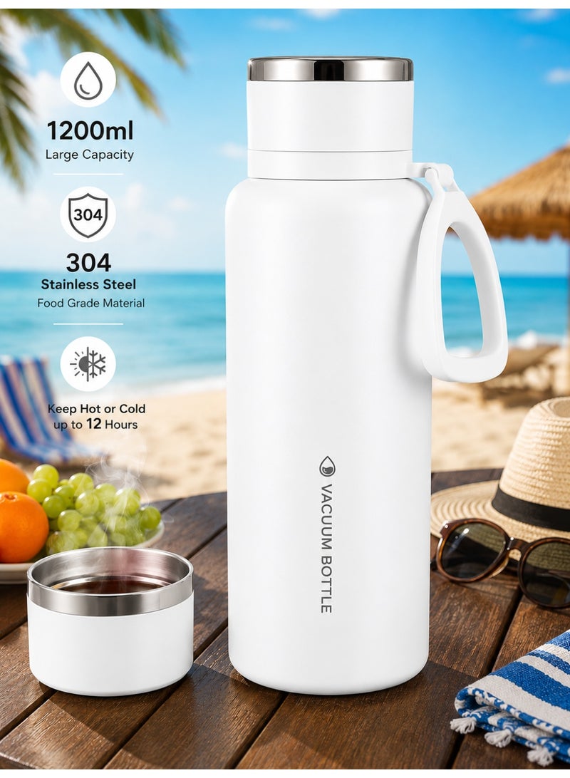 White Large 1200Ml Travel Vacuum Thermos Flask, 304 Stainless Steel Insulated Water Bottle With Tea Infuser, Cup & Leakproof Lid For Office, Camping & Outdoor - Image 1