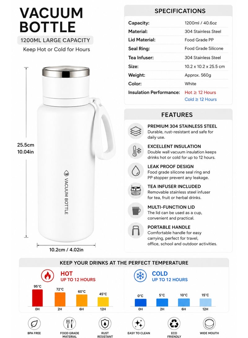 White Large 1200Ml Travel Vacuum Thermos Flask, 304 Stainless Steel Insulated Water Bottle With Tea Infuser, Cup & Leakproof Lid For Office, Camping & Outdoor - Image 3