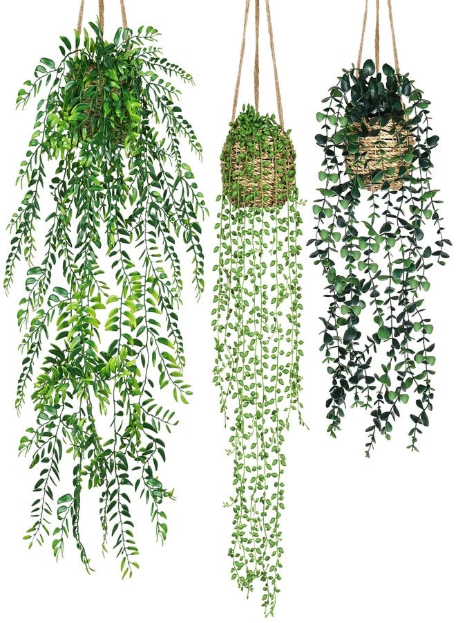 HOTOOLME Fake Hanging Plants, 3 Pack Artificial Hanging Plants in Basket, Fake Potted Plant Indoor for Wall Living Room Office Kitchen Bedroom Bathroom Home Decor - Image 1