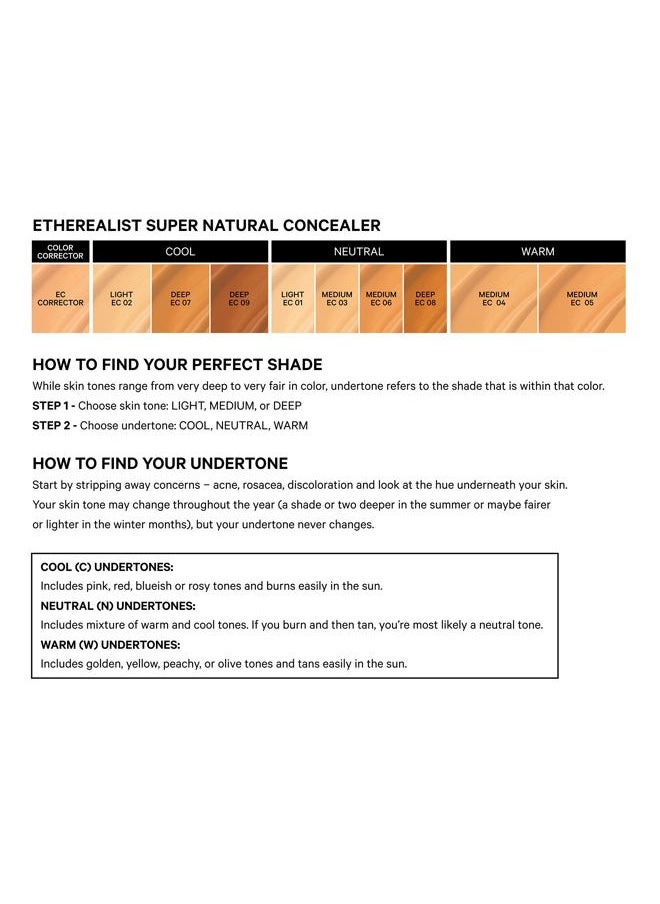 The Etherealist Super Natural Concealer, EC Corrector shade: Correct dark under-eye circles. Universal, weightless, multi-use. Makeup artist go to. Blurs imperfections for flawless finish