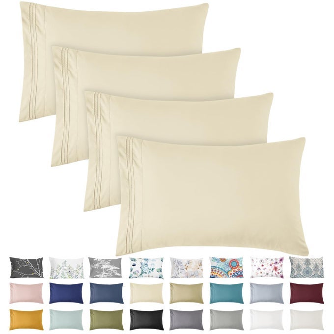 PILLOW CASES STANDARD SIZE SET OF 4 ULTRA SOFT 1800TC HOTEL QUALITY DOUBLE BRUSHED MICROFIBER EMBROIDERED PILLOWCASES ENVELOPE CLOSURE FADE RESISTANT 20X26 CREAM