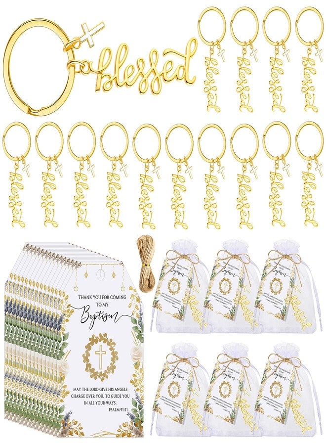 سوريو مجموعة هدايا التعميد من Sureio، تتضمن 25 مجموعة، تشمل 25 ميدالية مفاتيح ذهبية عليها عبارة "مبارك" مع تعليقة صليب، وميداليات مفاتيح للتعميد مع بطاقات شكر وحقيبة هدايا. - Image 1