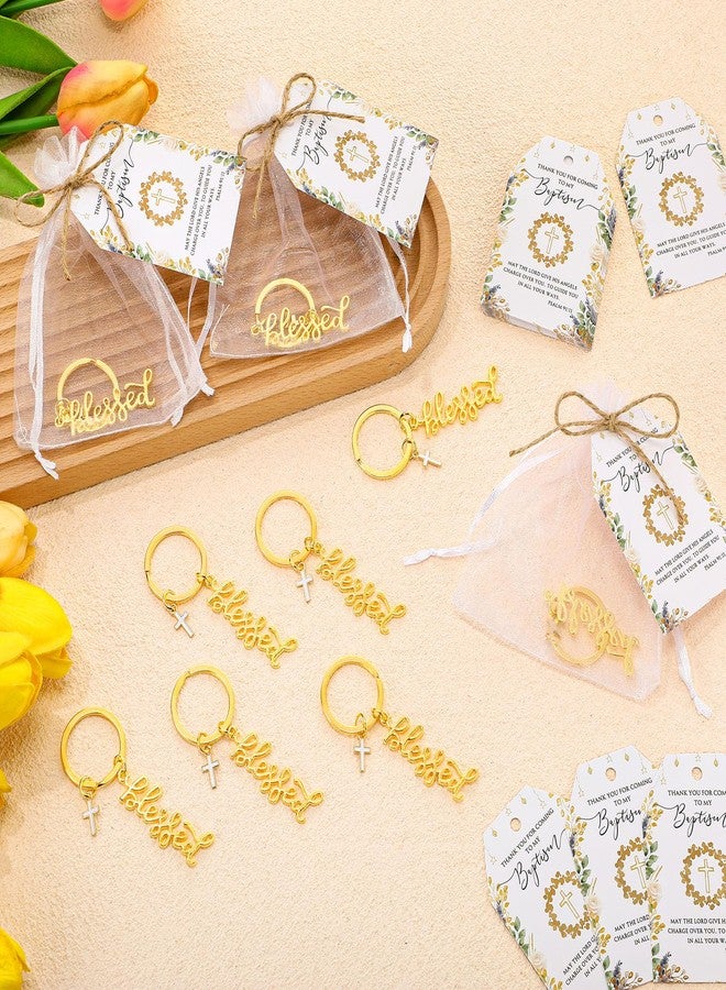 سوريو مجموعة هدايا التعميد من Sureio، تتضمن 25 مجموعة، تشمل 25 ميدالية مفاتيح ذهبية عليها عبارة "مبارك" مع تعليقة صليب، وميداليات مفاتيح للتعميد مع بطاقات شكر وحقيبة هدايا. - Image 5