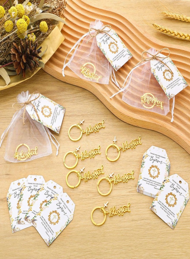 سوريو مجموعة هدايا التعميد من Sureio، تتضمن 25 مجموعة، تشمل 25 ميدالية مفاتيح ذهبية عليها عبارة "مبارك" مع تعليقة صليب، وميداليات مفاتيح للتعميد مع بطاقات شكر وحقيبة هدايا. - Image 4