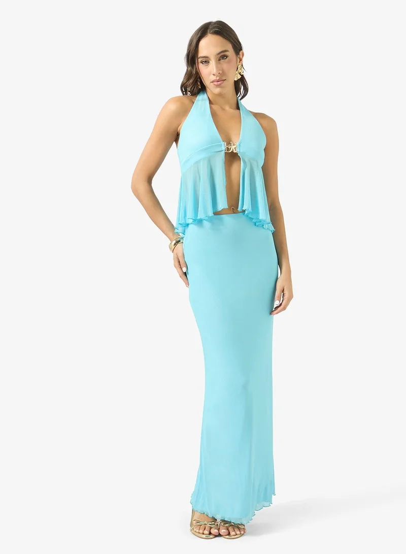 Ginger Halter Neck Top & Skirt Coord Set with Golden Accent