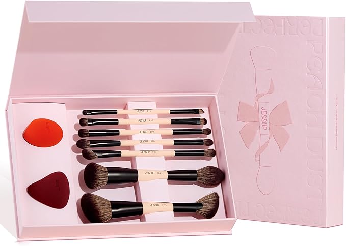 Jessup مجموعة فرش مكياج جيسوب 10 قطع فرش مكياج مزدوجة الطرف لأساسيات التحديد والحمرة والإضاءة وخلط الحواجب وظلال العيون وفرش الكونسيلر خالية من القسوة لون أزرق ساطع T500 - Image 1