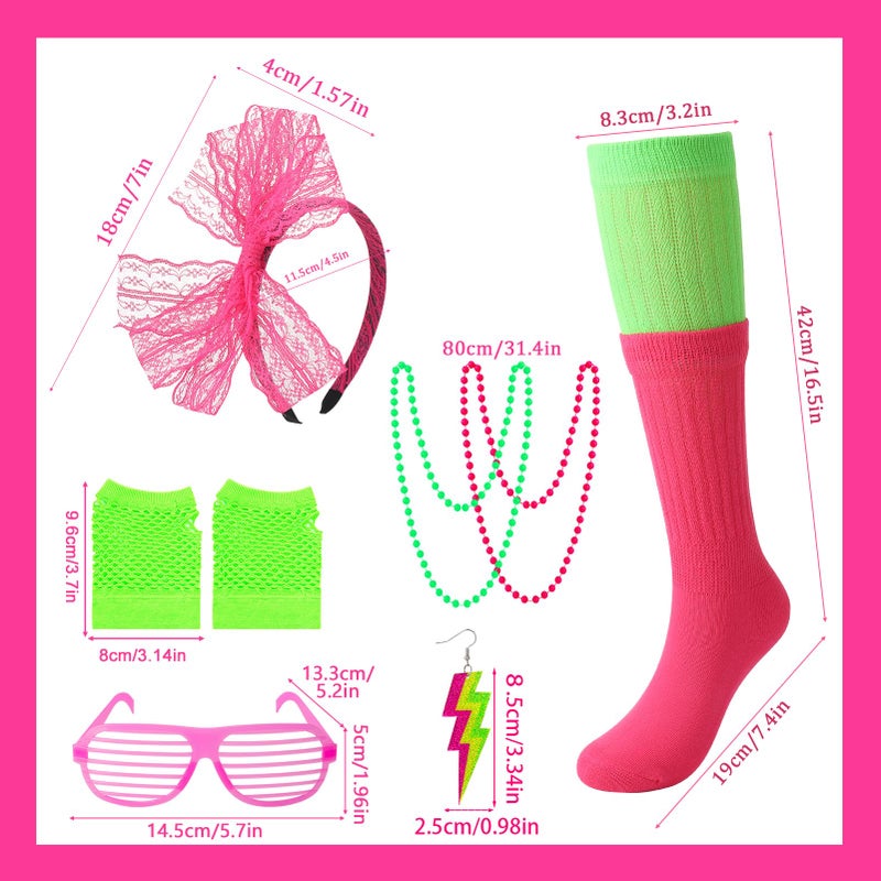 ZhouBoat 80s Outfit for Women, 80s Accessories Costume Set with Short Sleeve Shirt Leggings Fishnet Gloves Necklaces Earrings Socks Headband Glasses for Halloween Cosplay (L) - Image 3