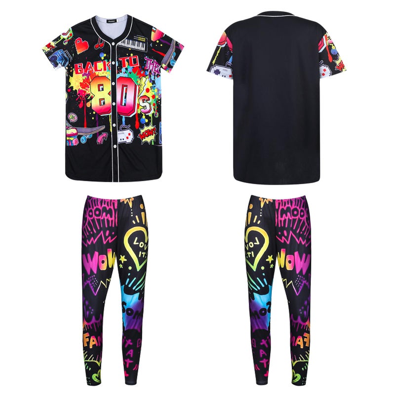ZhouBoat 80s Outfit for Women, 80s Accessories Costume Set with Short Sleeve Shirt Leggings Fishnet Gloves Necklaces Earrings Socks Headband Glasses for Halloween Cosplay (L) - Image 2