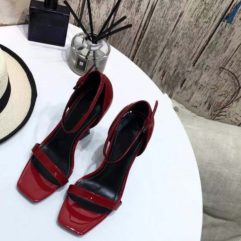 Square Heel Sandals Patent Leather Black Rose Same 2023 Summer Women'S Shoes Metal Head Park Caiying High-Heeled Shoes - Image 3