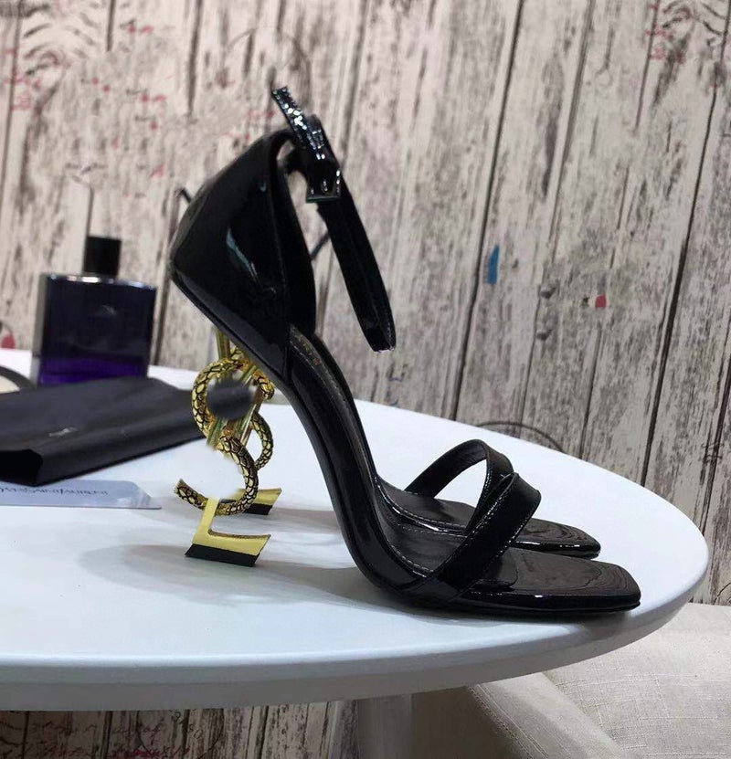 Square Heel Sandals Patent Leather Black Rose Same 2023 Summer Women'S Shoes Metal Head Park Caiying High-Heeled Shoes - Image 1