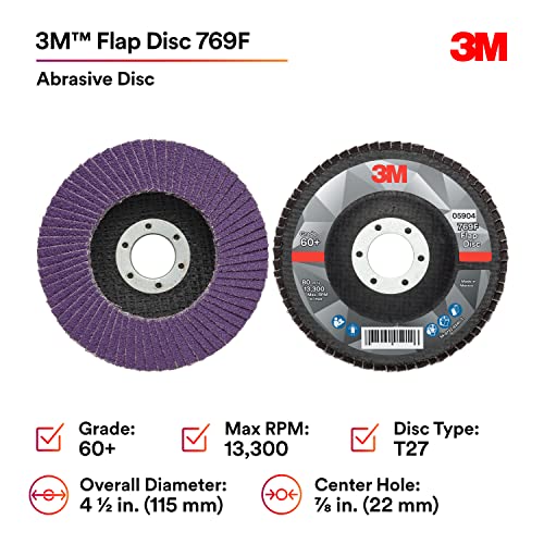 3M Flap Disc 769F, Type 27, 60+, 4-1/2 in x 7/8 in, High Performance Abrasive, Ceramic Precision-Shaped Grain Grinding and Finishing Disc, Carbon Steel, Stainless Steel - Image 2
