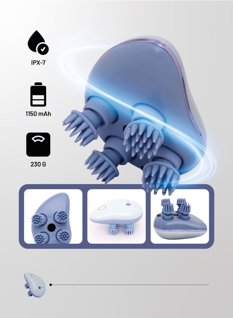 AFRA مدلك فروة الرأس المصغر، قابل لإعادة الشحن، بدون سلك مع بطارية 1150 مللي أمبير، مقاوم للماء IPX-7، علاج بالضوء الأحمر، تدليك دوار 360° للاستخدام المزدوج الرطب والجاف - 230 جرام - AF-1100SM، ضمان لمدة سنتين - Image 5