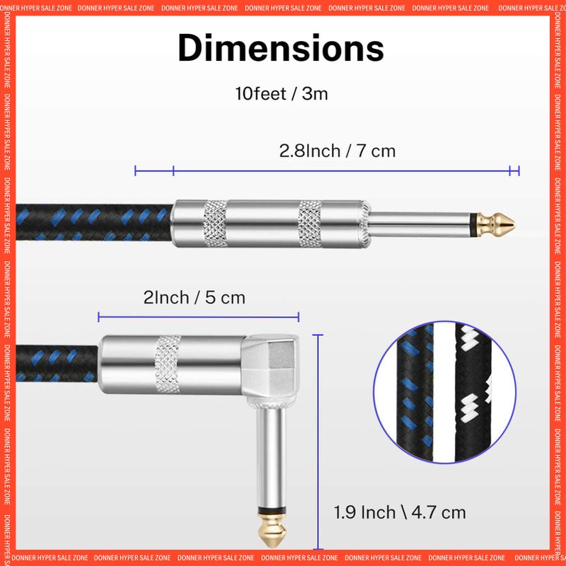 Donner Guitar Cable 10 ft, Premium Electric Instrument Bass Cable AMP Cord 1/4 Right Angle to Straight Black Blue - Image 4