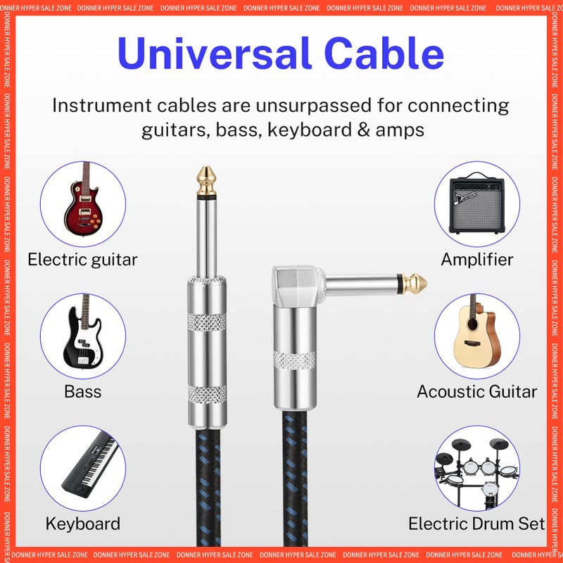 Donner Guitar Cable 10 ft, Premium Electric Instrument Bass Cable AMP Cord 1/4 Right Angle to Straight Black Blue - Image 2