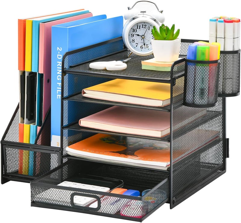 Marbrasse Desk Organizer with File Holder, 5-Tier Paper Letter Tray Organizer with Drawer and 2 Pen Holder, Mesh Desktop Organizer and Storage with Magazine Holder for Office Supplies (Black) - Image 1