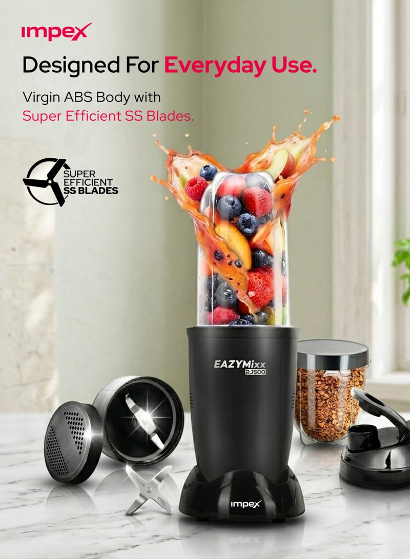 Impex 2 Jar 500W Sports Blender Mixer Grinder for Smoothies, Protein Shakes, Juices & Grinding, Powerful Copper Motor, 22000 RPM High Speed Blender, Stainless Steel Blades, Multi-Purpose Portable Jars 500ml + 300ml, Virgin ABS Body, 2 Year Warranty - EAZYMIXX2J500, Black 500 ml 500 W EAZYMIXX2J500 black - Image 4