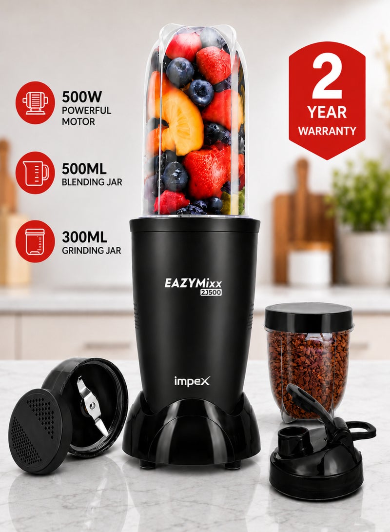 Impex 2 Jar 500W Sports Blender Mixer Grinder for Smoothies, Protein Shakes, Juices & Grinding, Powerful Copper Motor, 22000 RPM High Speed Blender, Stainless Steel Blades, Multi-Purpose Portable Jars 500ml + 300ml, Virgin ABS Body, 2 Year Warranty - EAZYMIXX2J500, Black 500 ml 500 W EAZYMIXX2J500 black - Image 1