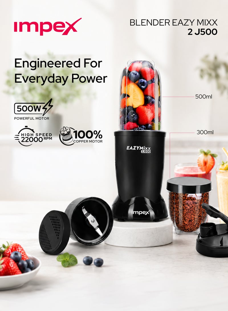 Impex 2 Jar 500W Sports Blender Mixer Grinder for Smoothies, Protein Shakes, Juices & Grinding, Powerful Copper Motor, 22000 RPM High Speed Blender, Stainless Steel Blades, Multi-Purpose Portable Jars 500ml + 300ml, Virgin ABS Body, 2 Year Warranty - EAZYMIXX2J500, Black 500 ml 500 W EAZYMIXX2J500 black - Image 2