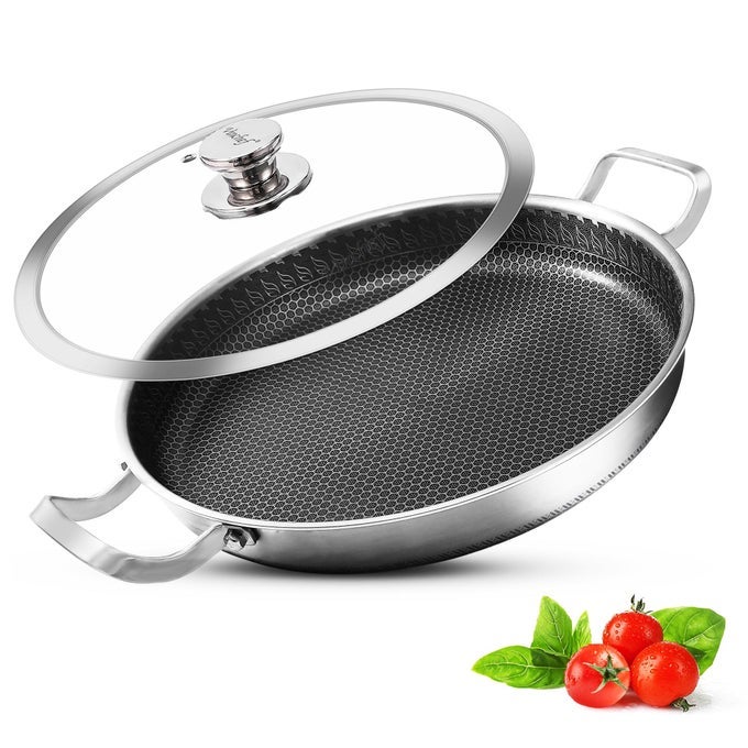 13 INCH PAELLA PAN STAINLESS STEEL WITH LID HONEYCOMB NONSTICK COATING PFOA FREE OVEN SAFE DISHWASHER SAFE INDUCTION GAS ELECTRIC STOVE COMPATIBLE