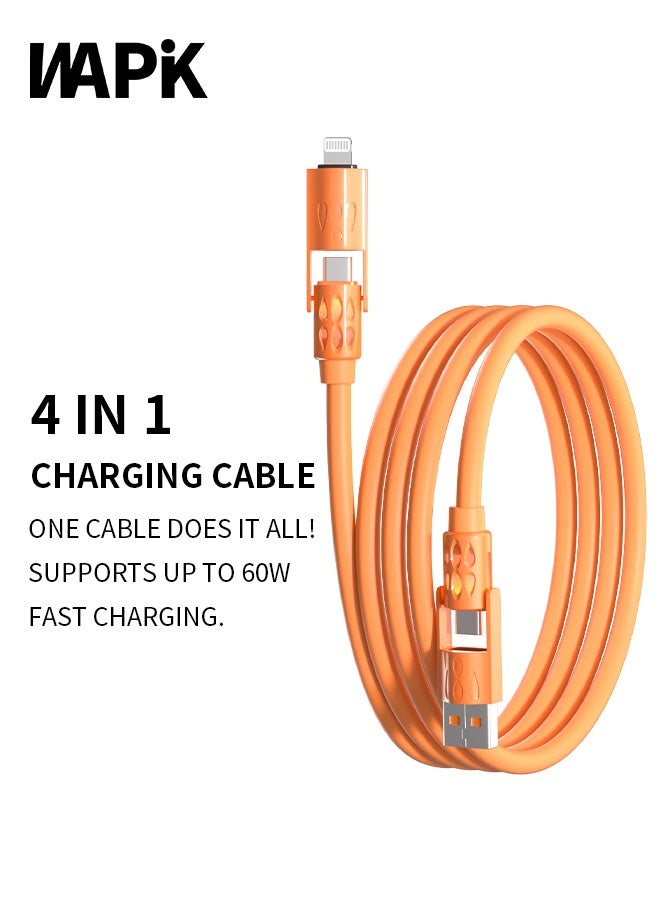 وابيك كابل شحن سريع 4 في 1 من علامة كورية، قوة 60 واط، USB-A و Type-C إلى Type-C / Lightning، سيليكون سائل، نقل بيانات 480Mbps، برتقالي - Image 1