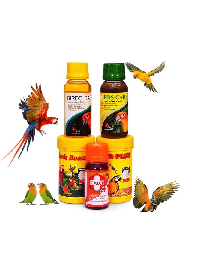 VAYINATO® Bird Care 5 In 1 Combo For All Your Pet Birds (Birds Care, 60Ml + Birds Care Herbal Plus, 60Ml + Calci Plus, 30Ml + Bird Booster, 50G + Breed Plus, 50G) by Petzlifeworld - Image 1