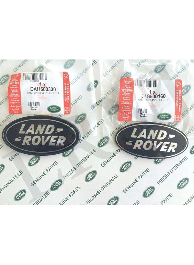 LAND ROVER about OVAL BADGES BLACK ON SILVER -NEW GENUINE PARTS DAG500160 + DAH500330 - Image 1