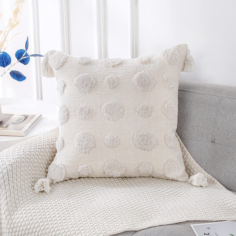 PANOD Super Soft Farmhouse Decorative Plush Throw Pillow Covers 22 x 22 WhiteSolid Pom pom Tufted with Tassels Modern Accent Boho Square Cushion Cover Pillow Case for Couch Sofa