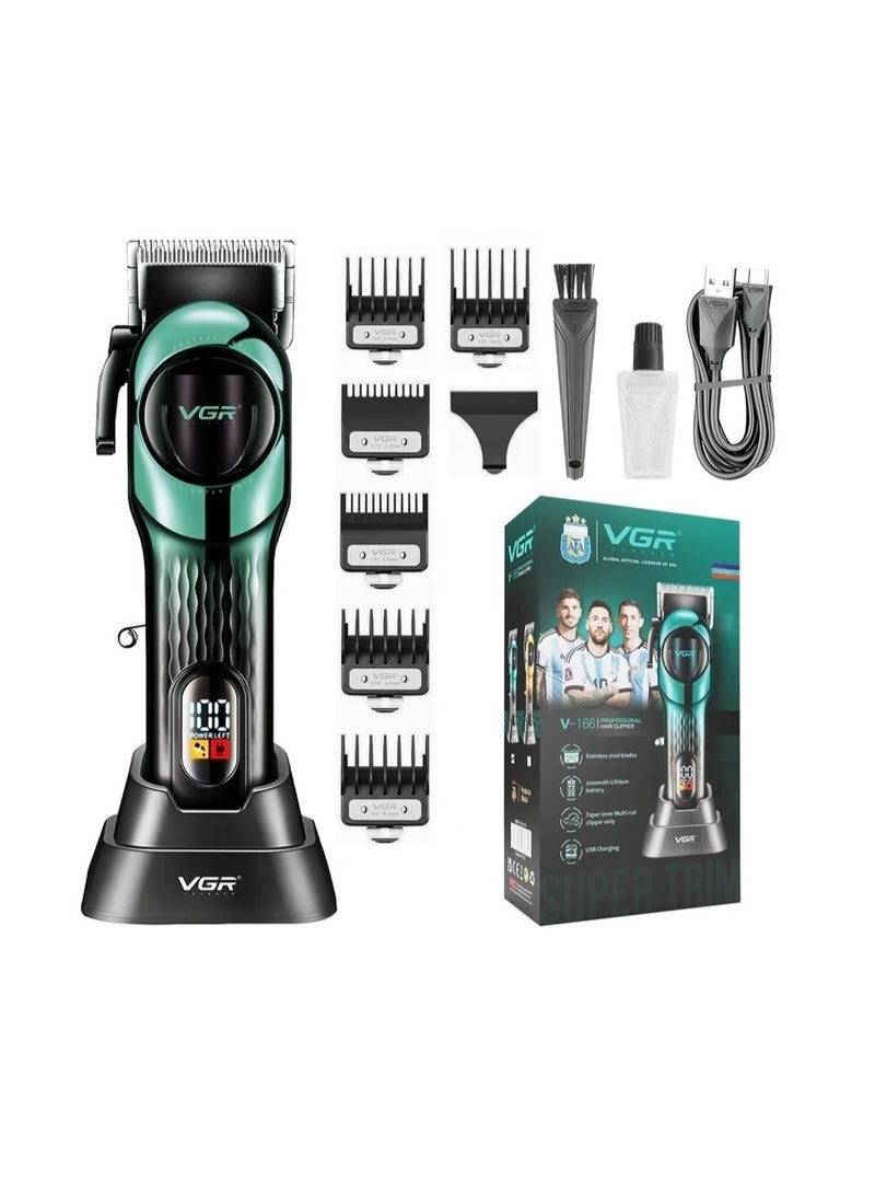 ماكينة حلاقه V-166 الإحترافيه بقاعدة شحن و شاشه ديجيتال بقوة 2000 مللى أمبير و 6 أمشاط باللون الأزرق × أسود - Image 1