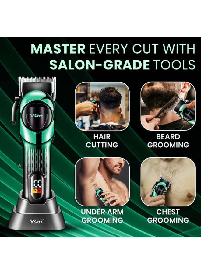 ماكينة حلاقه V-166 الإحترافيه بقاعدة شحن و شاشه ديجيتال بقوة 2000 مللى أمبير و 6 أمشاط باللون الأزرق × أسود - Image 4