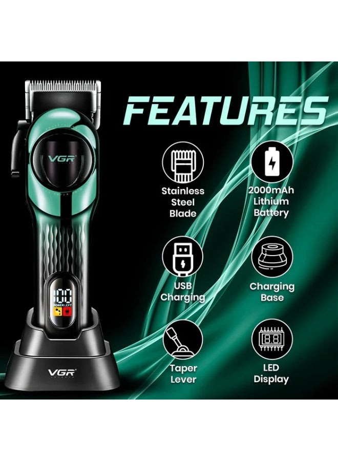 ماكينة حلاقه V-166 الإحترافيه بقاعدة شحن و شاشه ديجيتال بقوة 2000 مللى أمبير و 6 أمشاط باللون الأزرق × أسود - Image 2