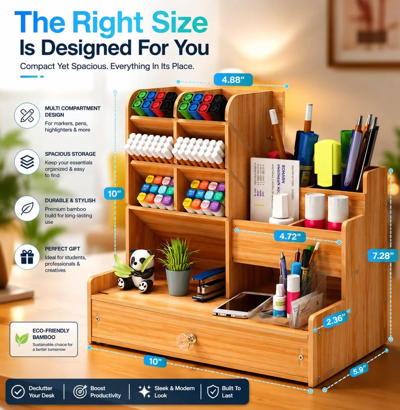 AccuPrints Sumiko Wooden Desk Organizer with Drawer, Multi-Functional Stationery Holder & Storage Box for Office Supplies, Pen Stand, Makeup & Desktop Accessories - Image 3